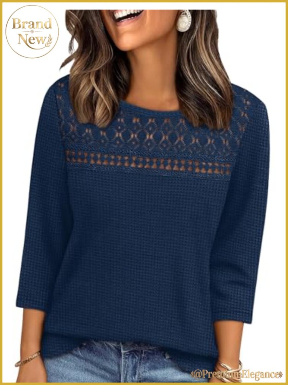 Womens Waffle Knit Blouse 3/4 Sleeve Lace Detail Crew Neck Pullover Top